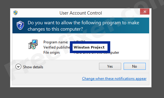 Screenshot where Winston Project appears as the verified publisher in the UAC dialog